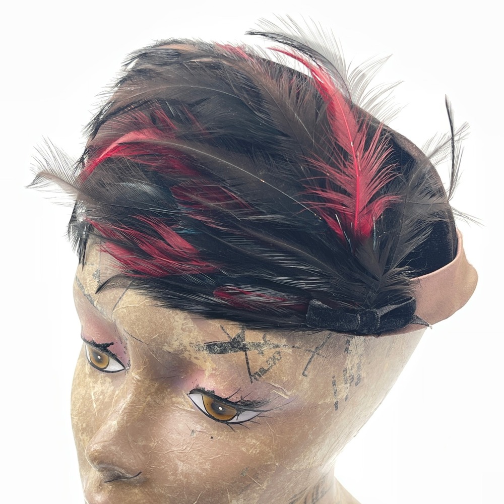 Vintage Union Made Black Velvet Pillbox Hat Red Feathers Mid Century Fascinator